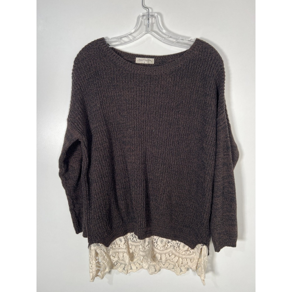 Bear Dance Brown Marled Knit Sweater Crochet Lace Hem Boho Cottagecore Small